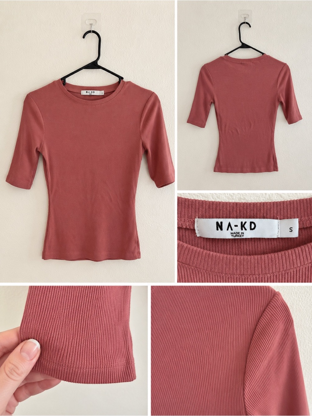 NA-KD Dusty Rose Ribbed Fitted Tee Size Small